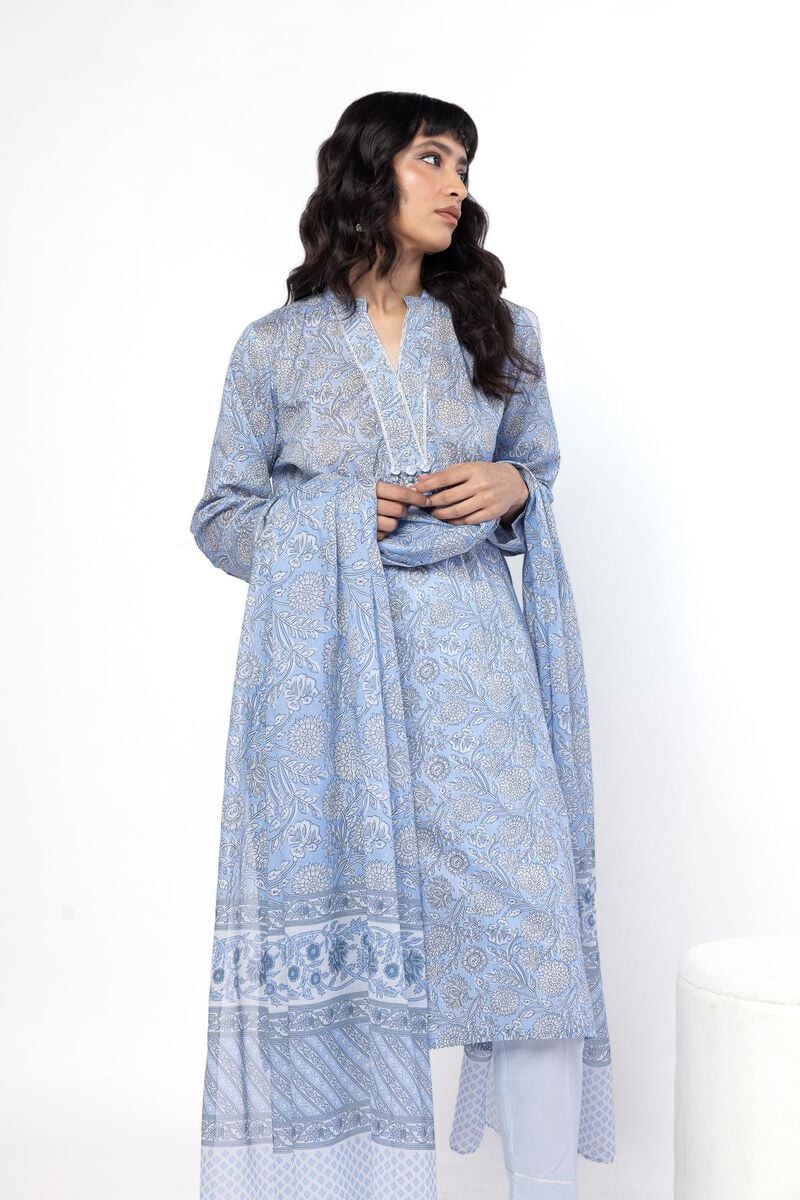 Soft Blue Floral 3-Piece Unstitched Suit
