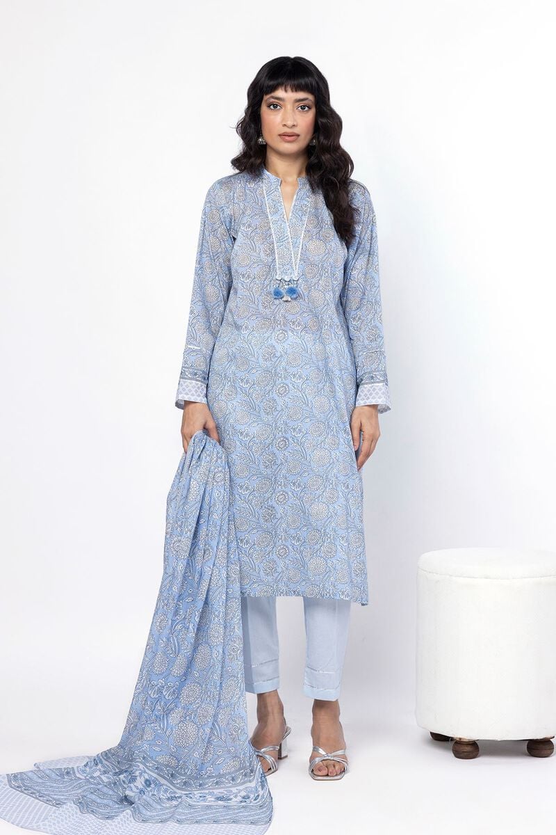 Soft Blue Floral 3-Piece Unstitched Suit