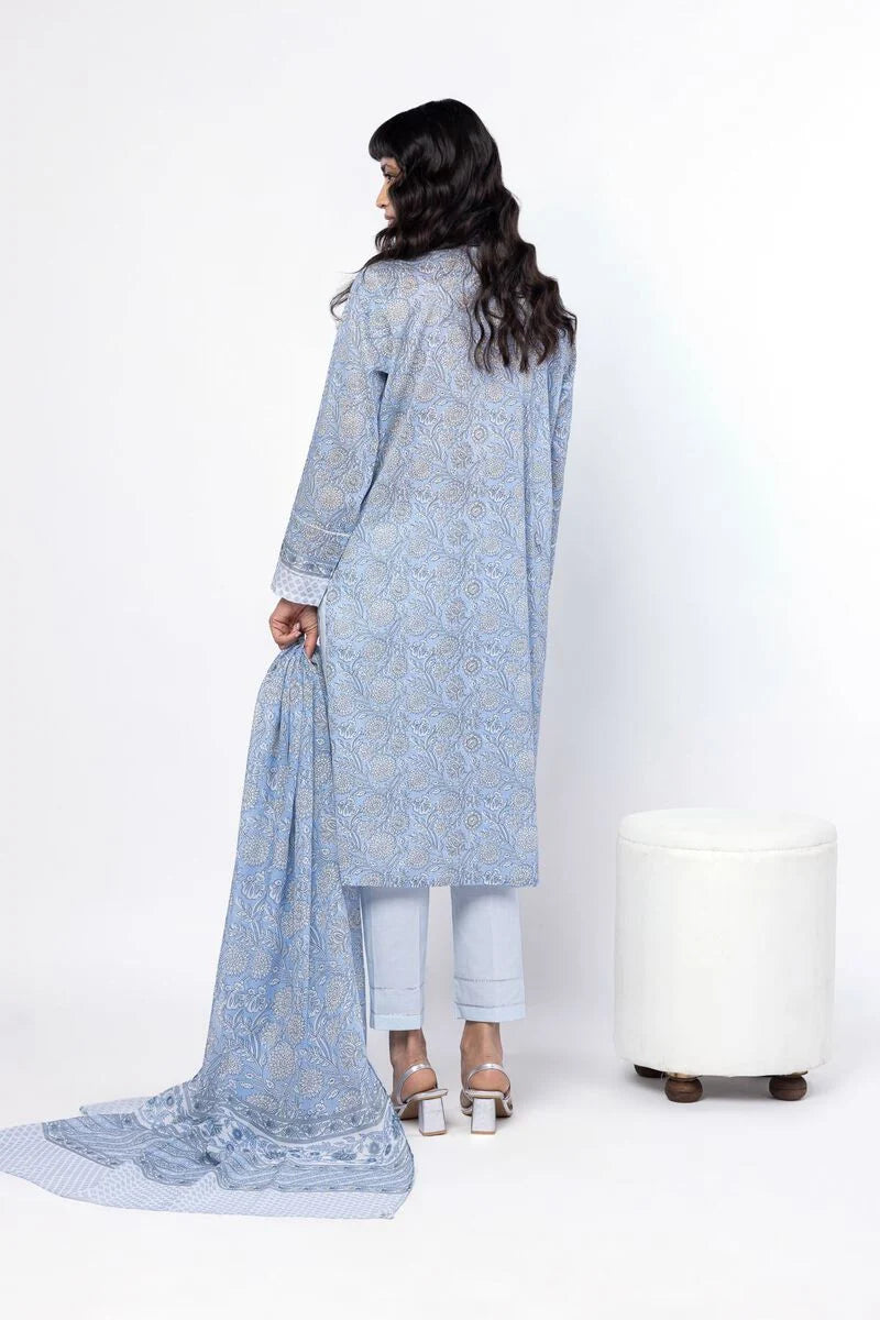Soft Blue Floral 3-Piece Unstitched Suit