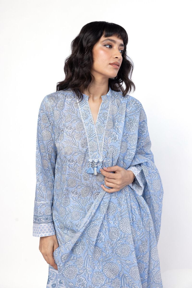 Soft Blue Floral 3-Piece Unstitched Suit